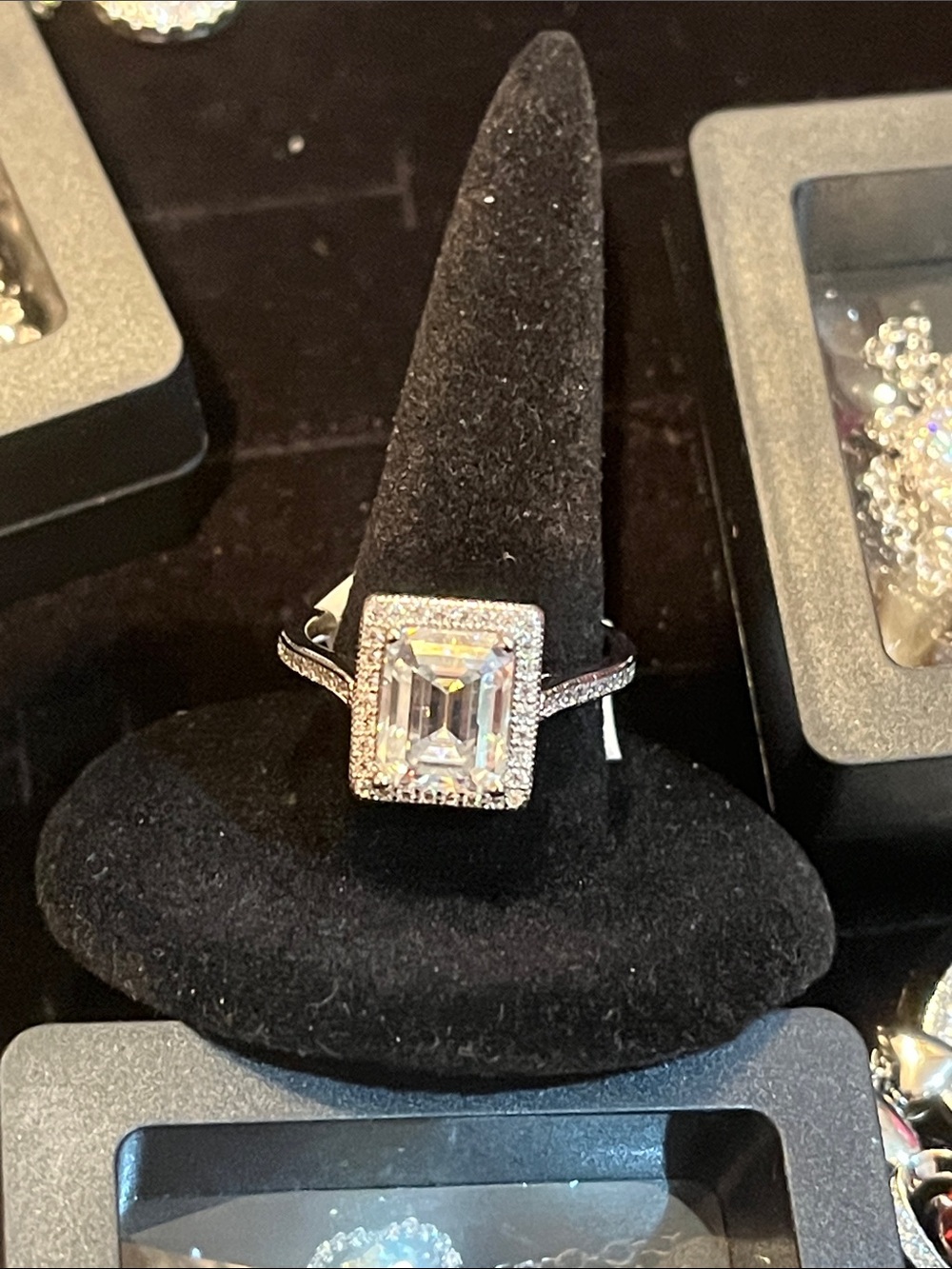 Elegant Emerald-Cut Halo Ring in Silver with Clear Stone
